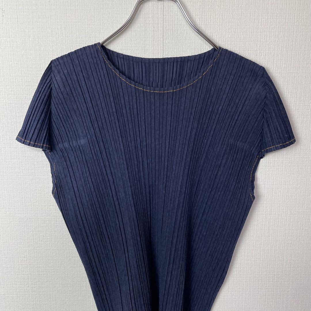 美品 イッセイミヤケ プリーツプリーズ デニム転写 カットソー 半袖 L プリーツプリーズ PLEATS PLEASE イッセイミヤケ ISSEY MIYAKE