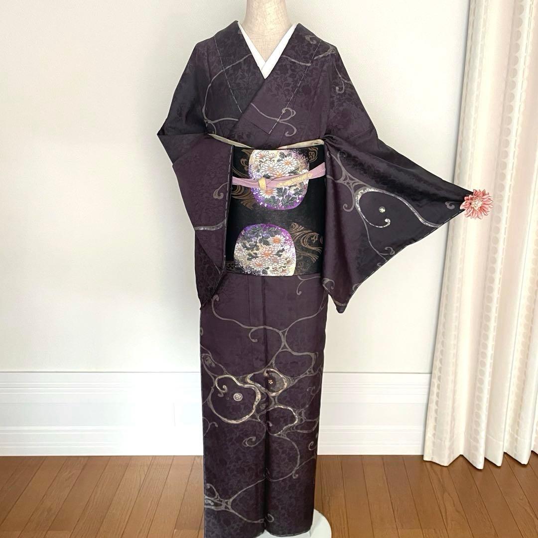 しつけ付き 美しい唐草地紋お召し 流水波紋様訪問着正絹着物 作家物 しつけ付き 美しい唐草地紋お召し 流水波紋様訪問着正絹着物 作家物