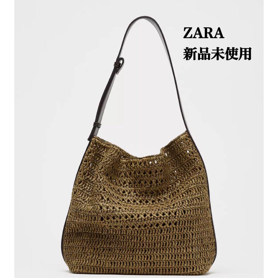 完売品 ZARA ラフィア風巾着バッグ 新品タグ付き グリーン