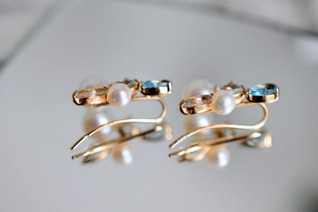 K10 イヤクリップピアス　ブルートパーズ・アクアマリン・淡水パール