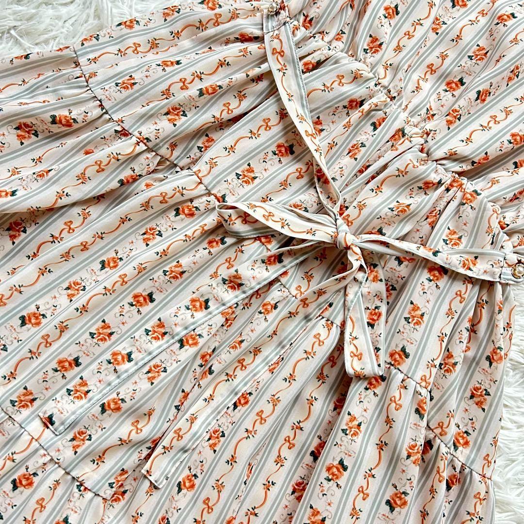 アクシーズファムカワイイ　ロングワンピース　花柄　レース　ストライプ　ローズ　M