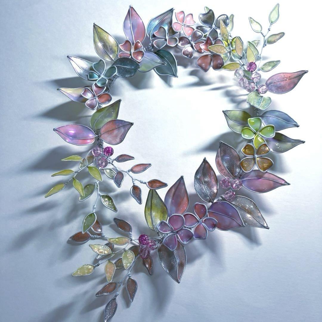 特注　大きなオーロラフラワーボタニカルリース　ワイヤークラフト　ディップアート 安価ハンドメイド・手芸 - オーロラ フラワーボタニカルリース