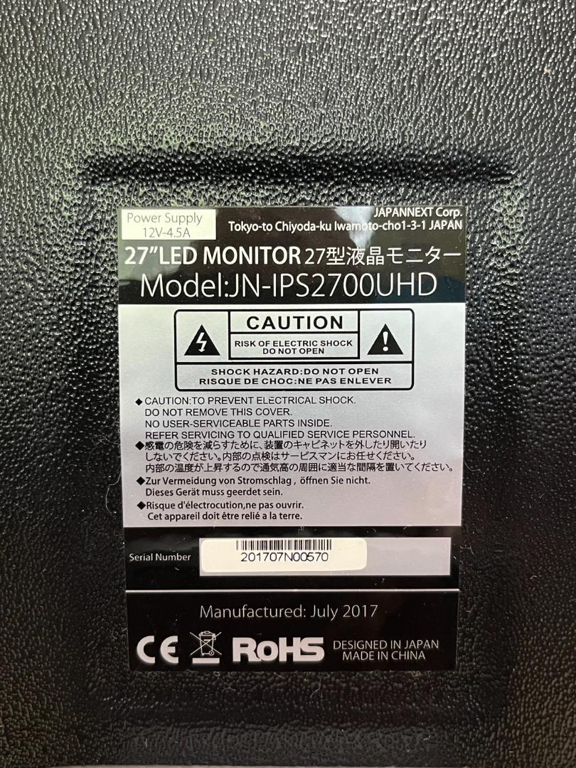 4K 27インチ LEDモニター JN-IPS2700UHD　2017年製