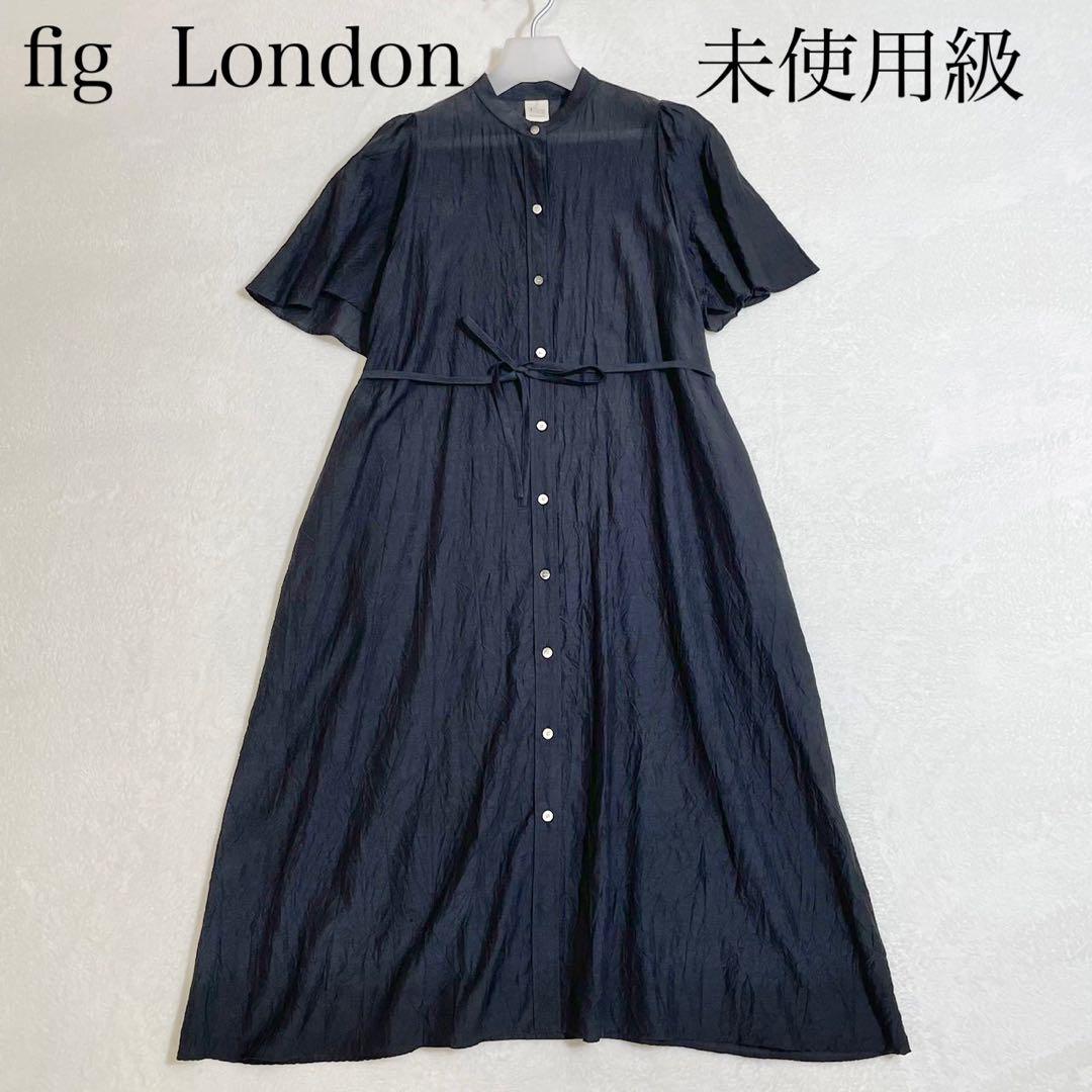 未使用級　フィグロンドン　ロングワンピース　バンドカラー　フレア袖　黒　L程度