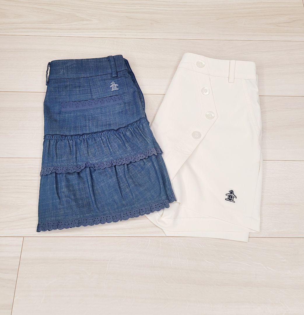 Munsingwear デニムブルー フリルスカートとホワイトショットパンツ