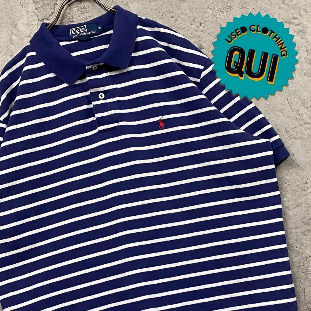 レアUS古着○ポロラルフローレン ボーダーポロシャツ ネイビー メンズ2XL