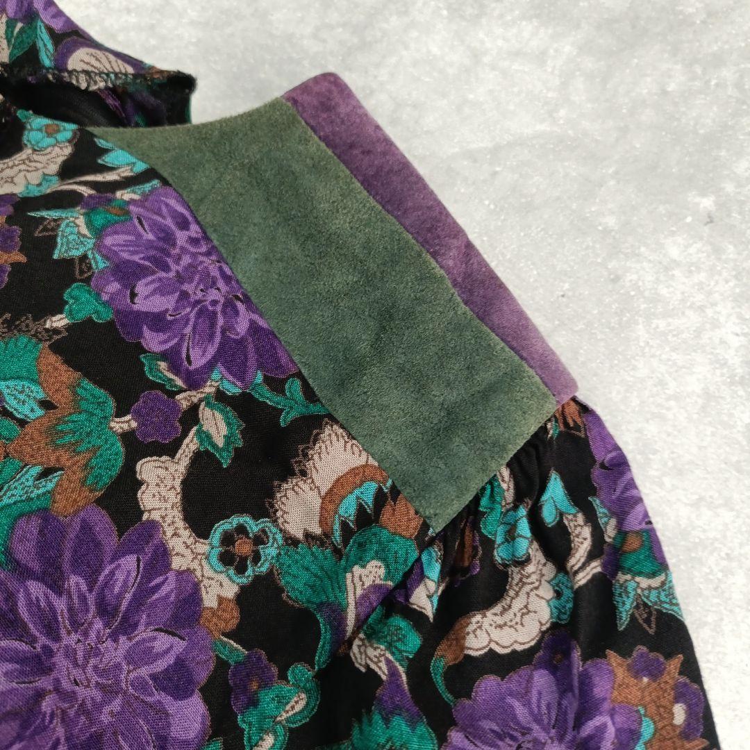 美品タルボット USA製 ヴィンテージ花柄 総柄 素材切替 ロングワンピース 紫