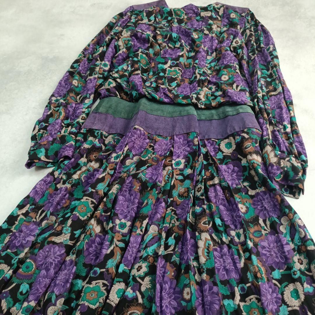 美品タルボット USA製 ヴィンテージ花柄 総柄 素材切替 ロングワンピース 紫