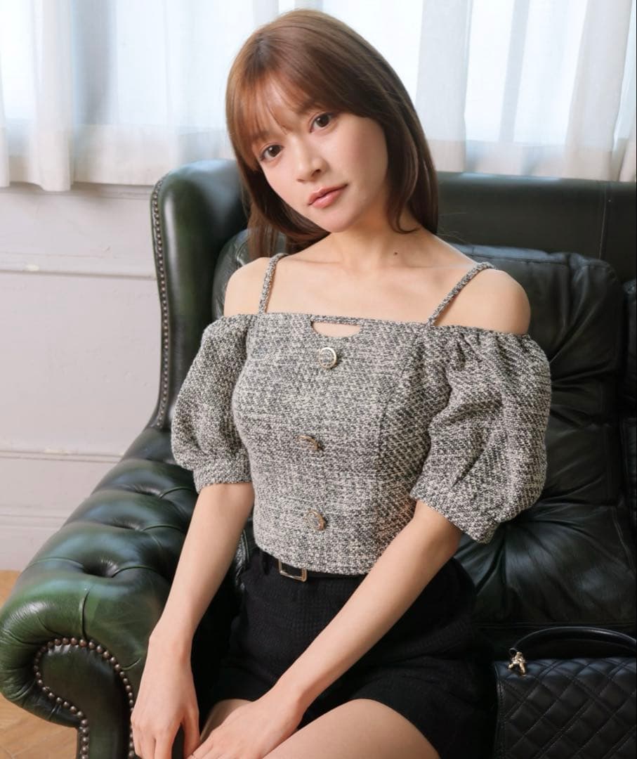 LIP SERVICE ツイードオフショルトップス ブラック