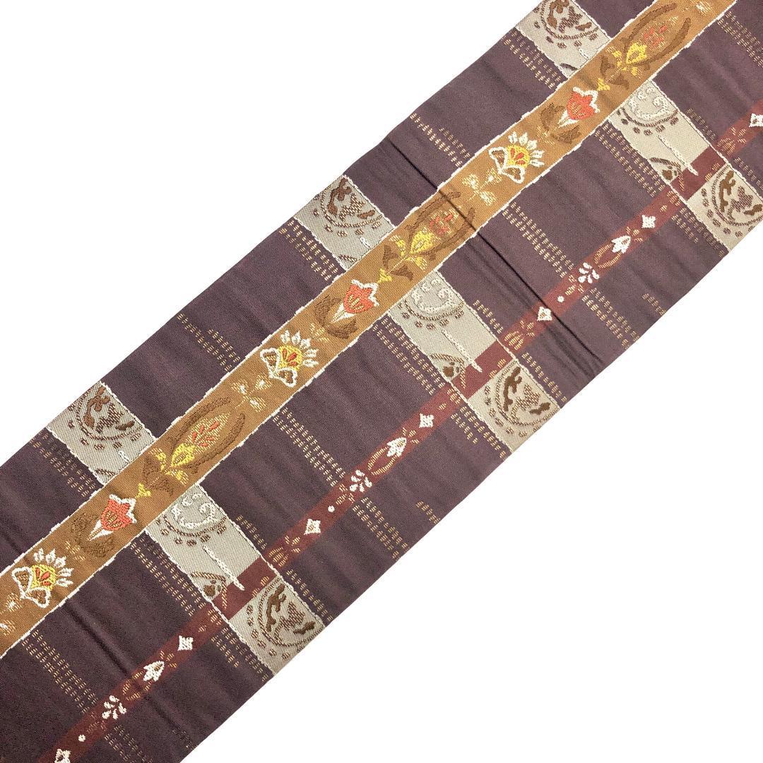 名古屋帯 西陣 木原織物 証紙付 格子柄に抽象花模様 紅消鼠色 O-5028 名古屋帯 西陣 木原織物 証紙付 格子柄に抽象花模様 紅消鼠色 O-5028