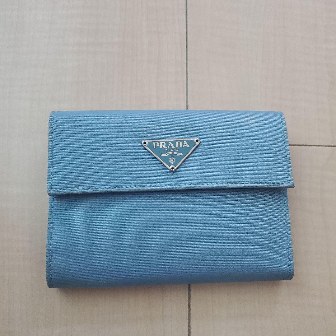 希少☆PRADA 二つ折り財布 アズーロ☆ナイロン×レザー☆ライトブルー
