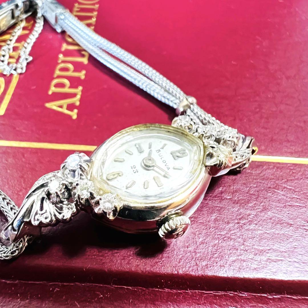 ブローバ 14k ホワイトゴールド ダイヤ 手巻 アンティーク 格安激安 ...