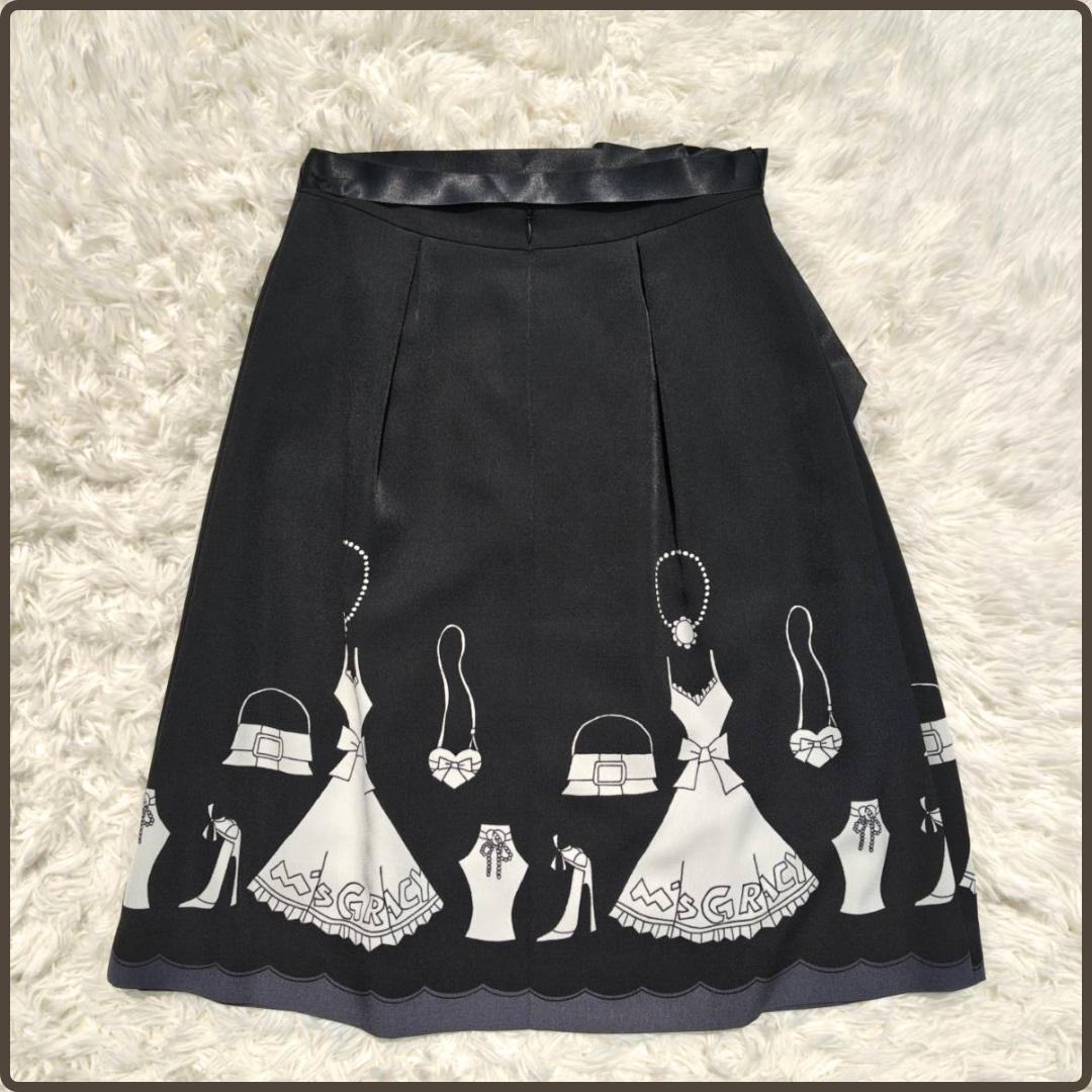 M'S GRACY エムズグレイシー リボン柄フレアスカート ひざ丈 黒
