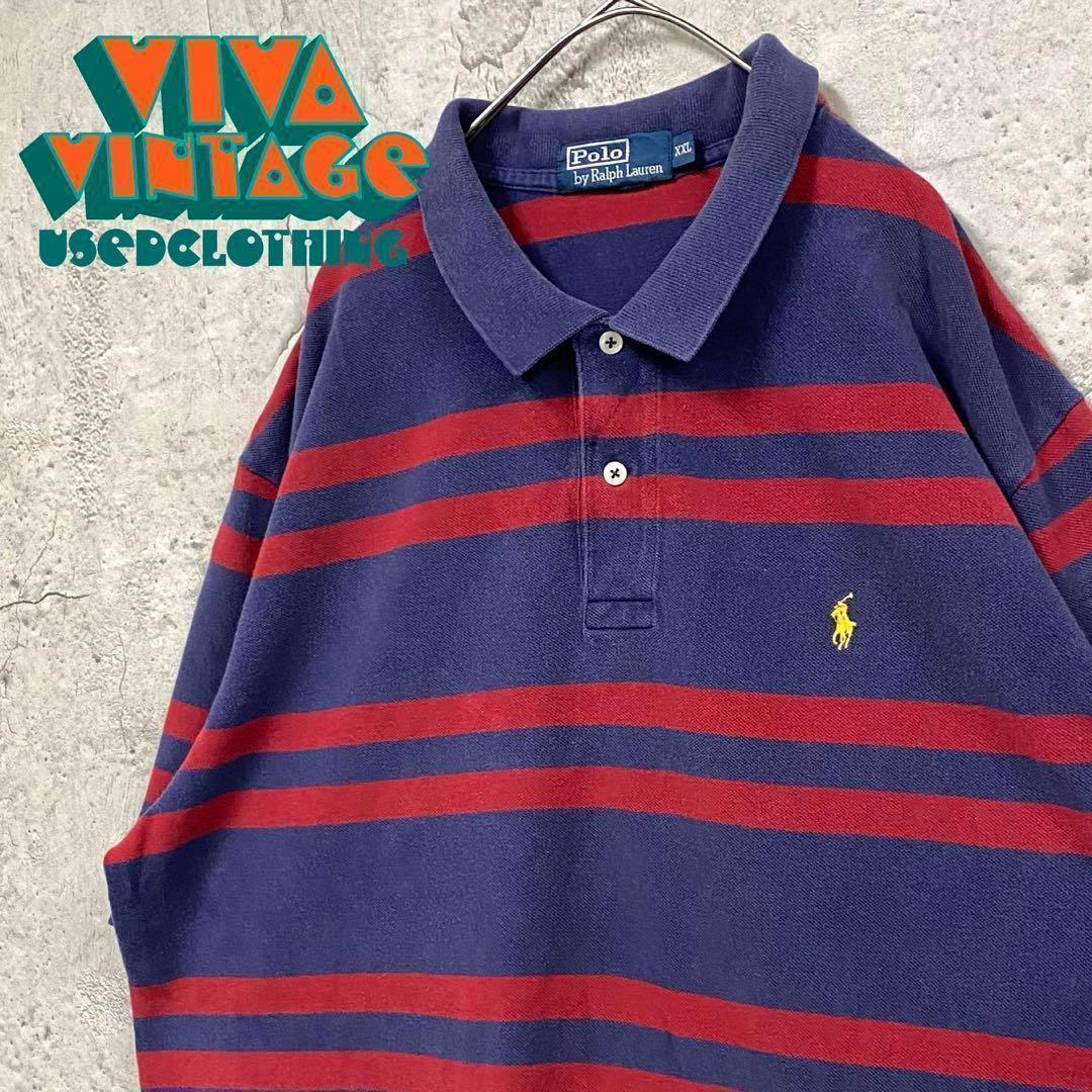 レア【古着】ポロバイラルフローレン ボーダーポロシャツ ネイビー メンズ3XL