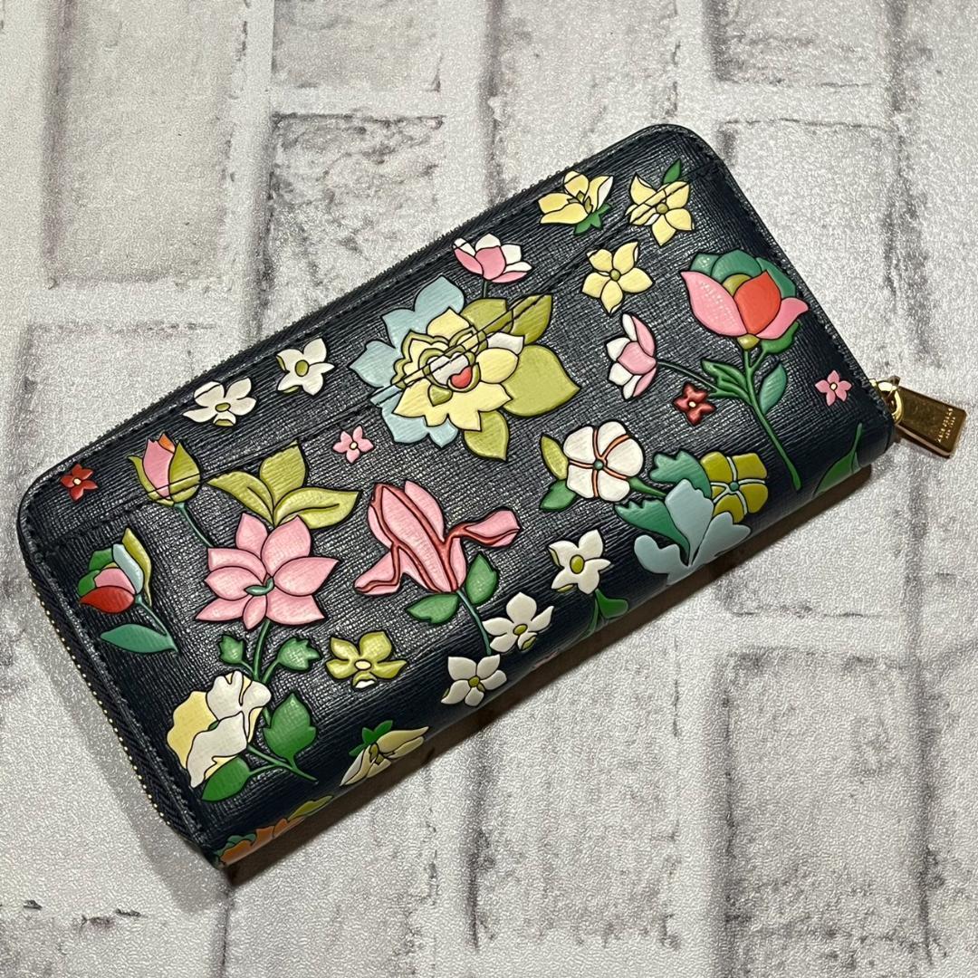 美品 ケイトスペード 長財布 総柄 花 ブラック 2つ折り ラウンドファスナー