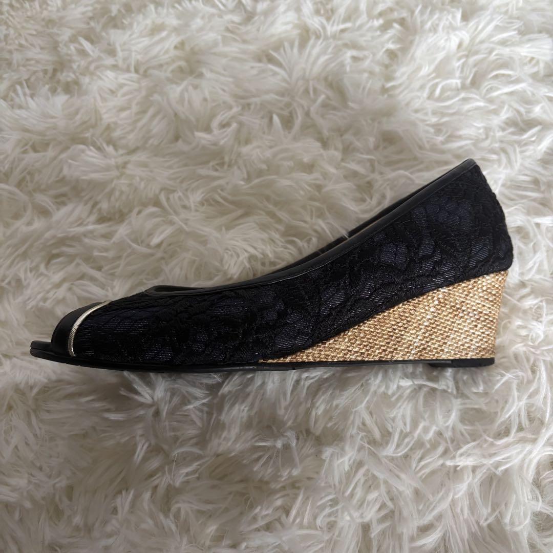 美品 DIANA ウェッジソール パンプス 24 EE 黒 オープントゥー