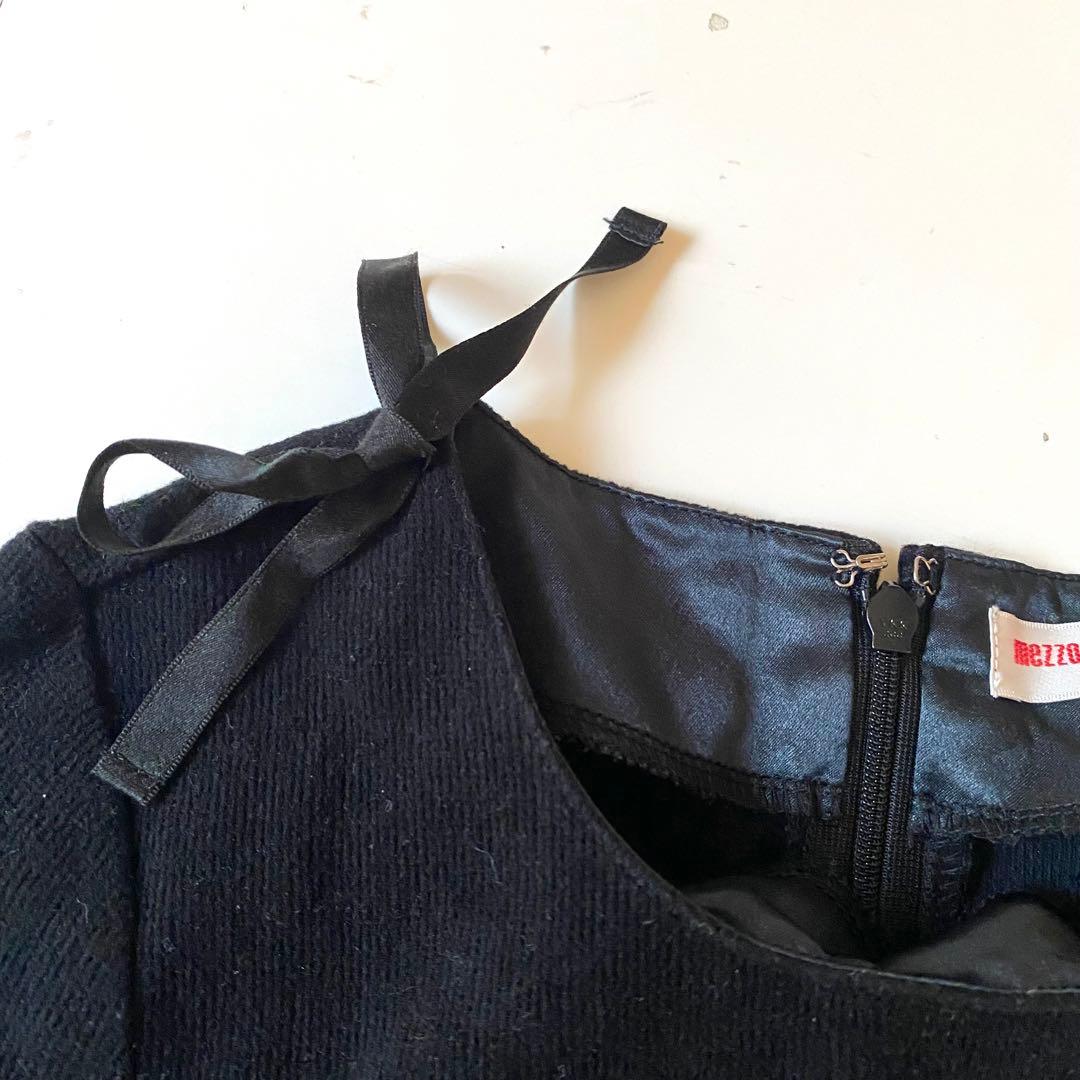 メゾピアノ 黒 リボン ワンピース 130 ベルベット 長袖 ドレス 発表会