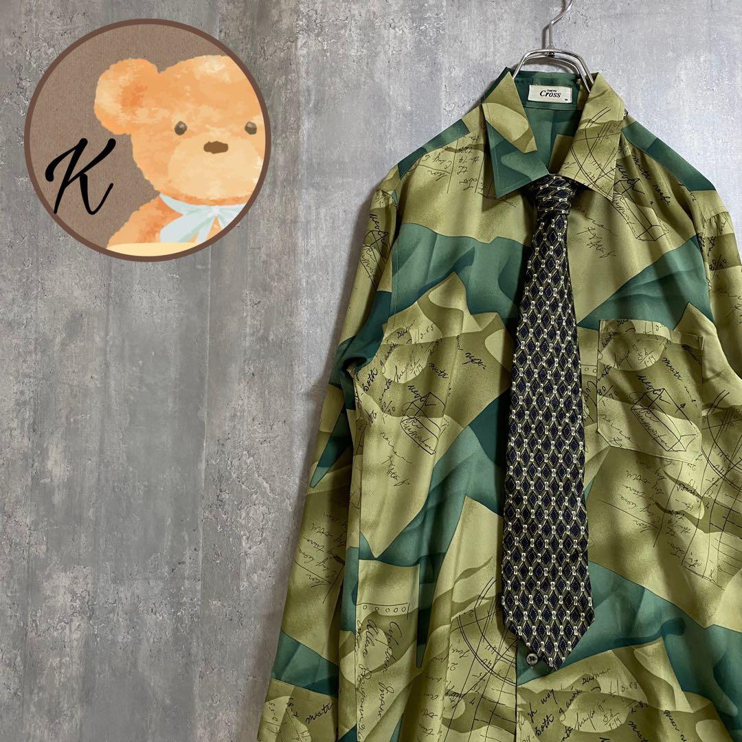 【雰囲気】メンズ　シャツ　長袖　総柄　Cross Mサイズ　グリーン