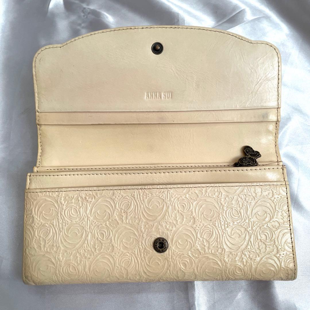 ANNA SUI クリーム色 レザー エンボス 薔薇柄 バラ がま口 長財布