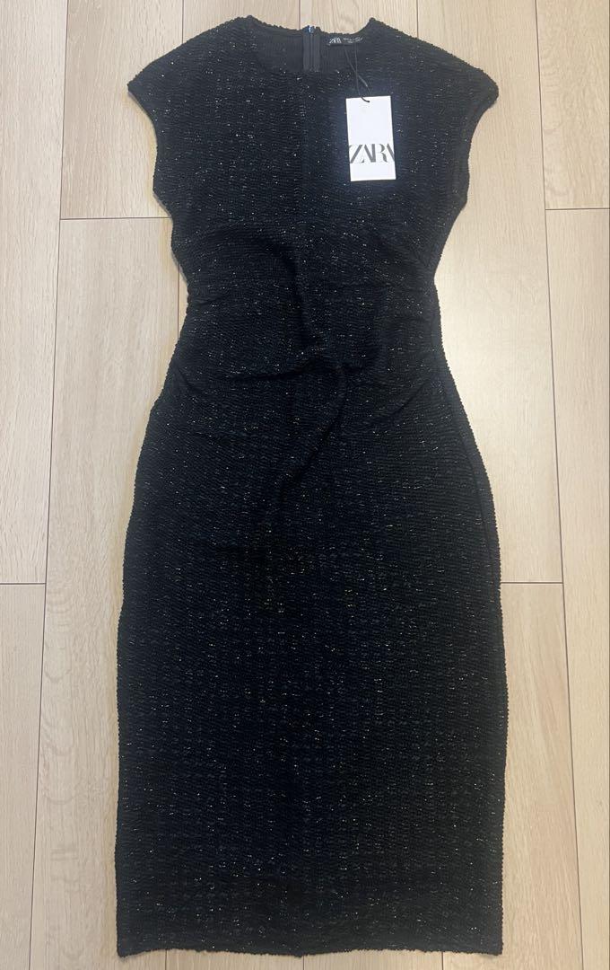 【新品未使用】ZARA 黒 ノースリーブニットワンピース ラメ ツイード S