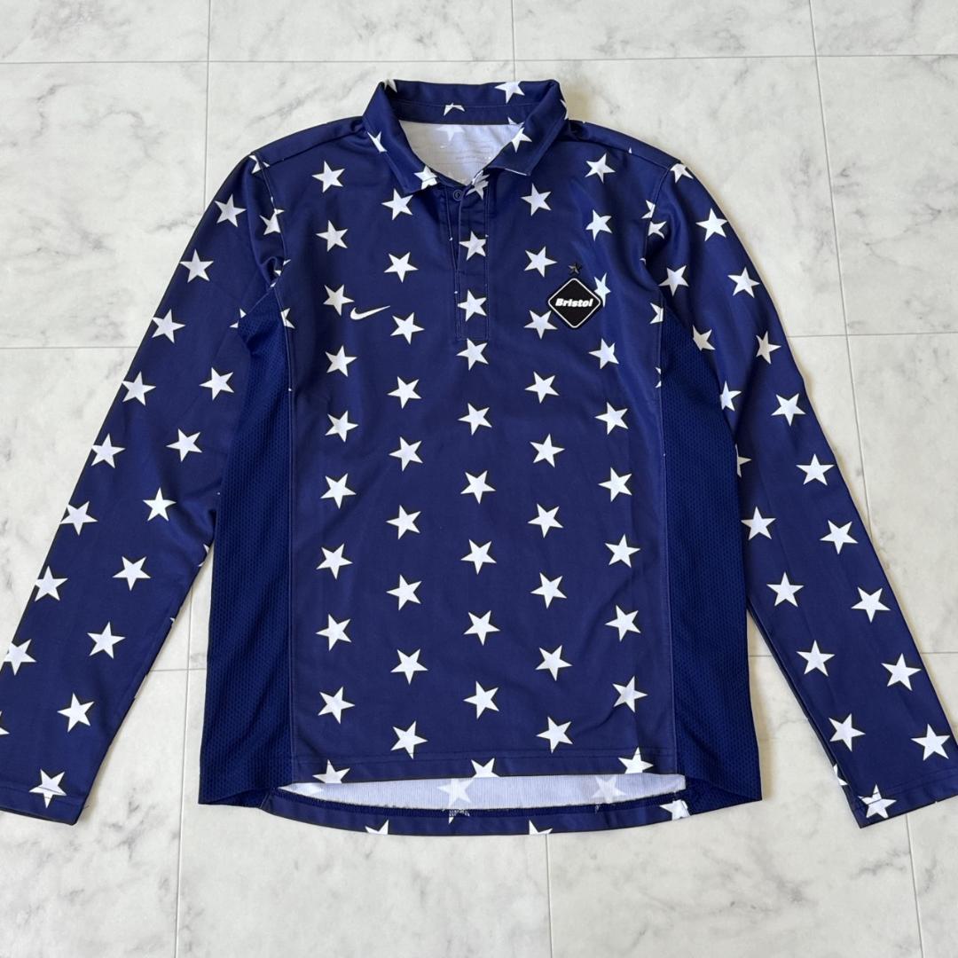 F.C.R.B スター柄 ロングポロシャツ メッシュ切替 ネイビーブルー M