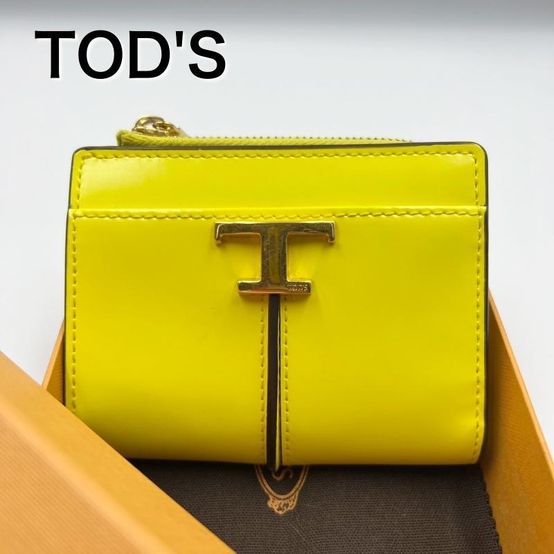 極美品 TOD'S 折り財布 Tタイムレス イエロー L字ファスナー 極美品 TOD'S 折り財布 Tタイムレス イエロー L字ファスナー