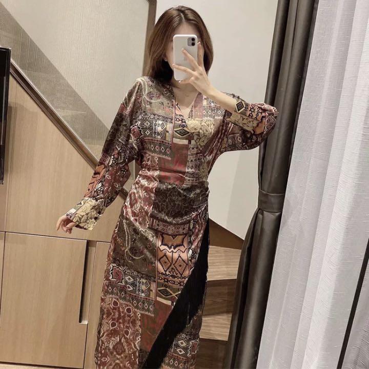 ZARA パッチワーク プリントワンピース マルチカラー S フリンジ