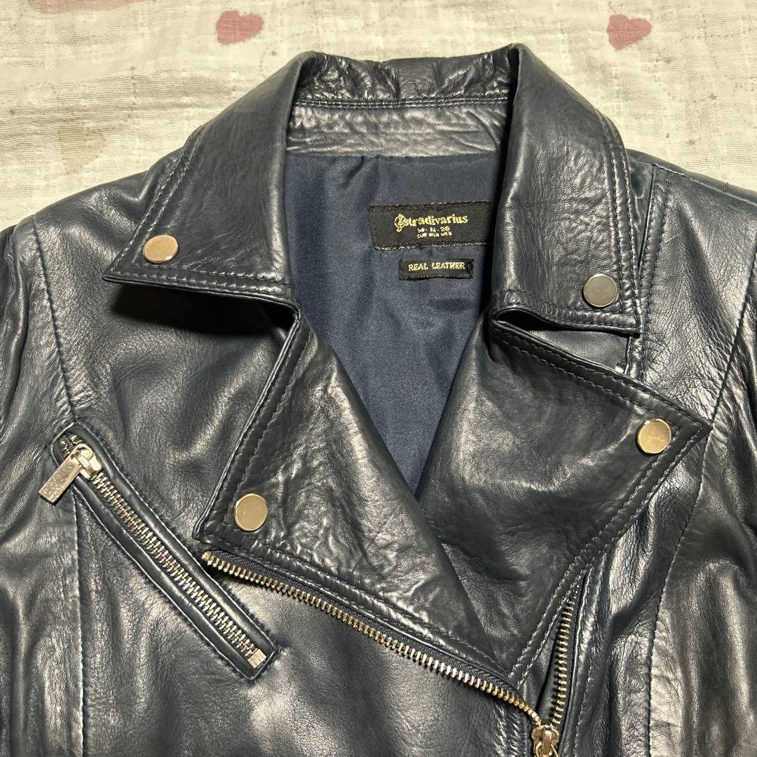 美品　リアルレザー　ライダースジャケット　Mサイズ　ネイビー