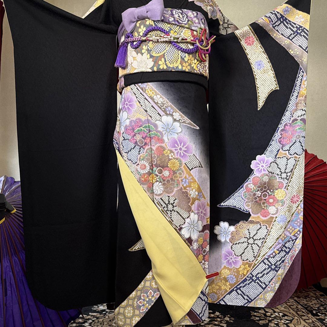 振袖フルセット(7点)・古典柄・金彩加工・縮緬・高級手縫い・逸品 振袖フルセット(7点)・ガード加工・古典柄・黒地・束ね熨斗・金