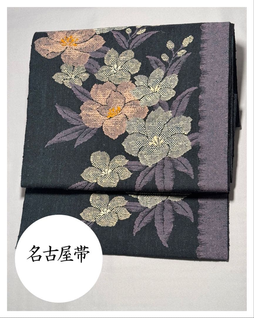 [美品] 紬地　名古屋帯　正絹　紺色　紫　洒落帯　カジュアル　小紋　紬　無地