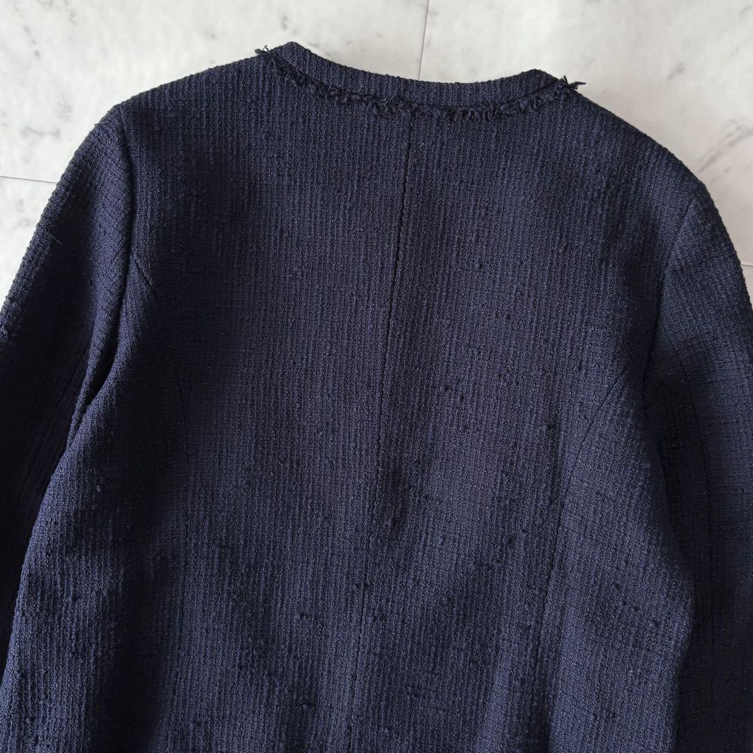 【美品】 ビミルクスビームス ラメツイード ノーカラージャケット ネイビー