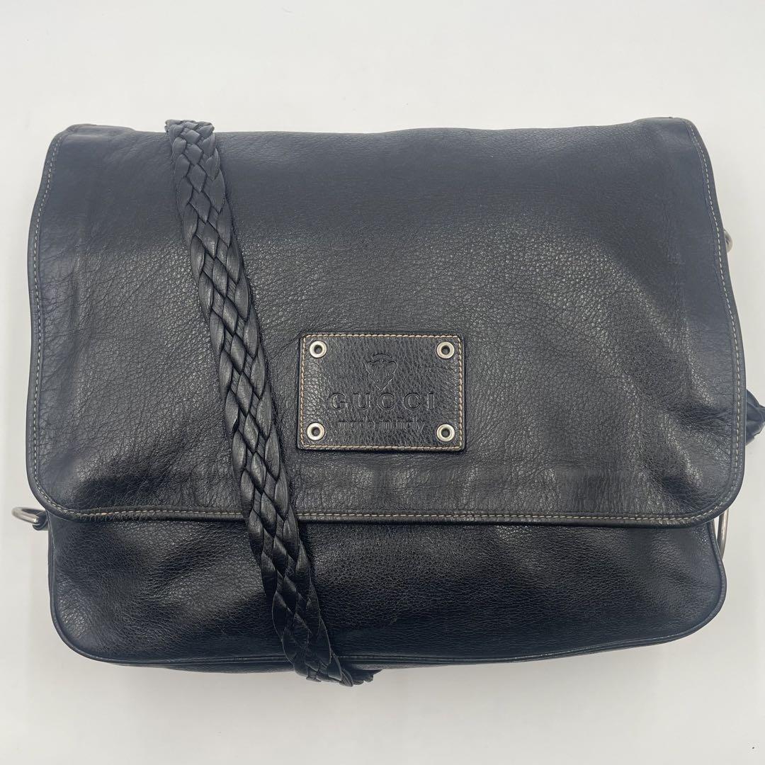 極美品✨GUCCI オールレザー  ショルダーバッグ クロスボディ編み込み 黒