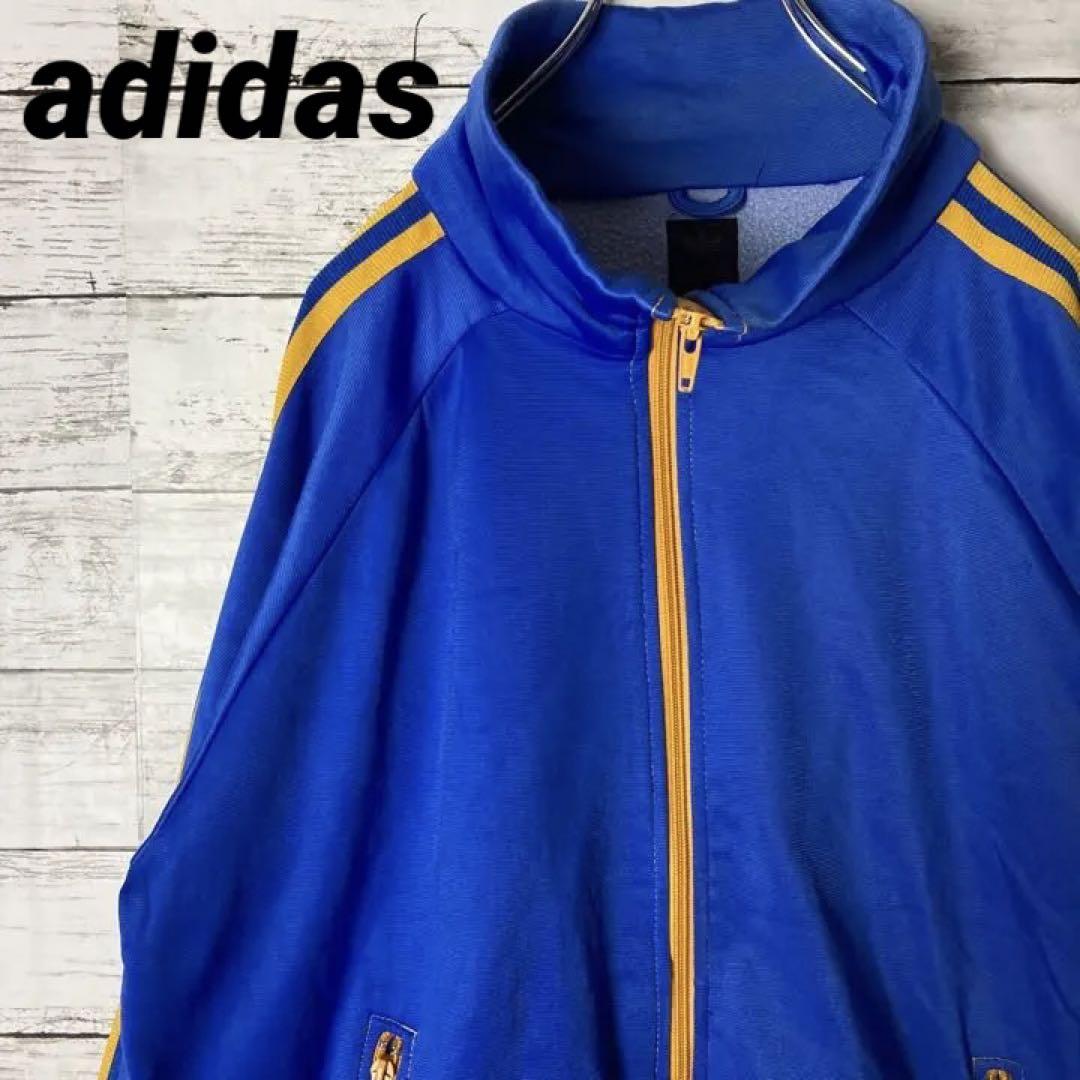 美品✨adidasトラックジャケット　ブルー×イエロー曲がりポケットワッペンロゴ