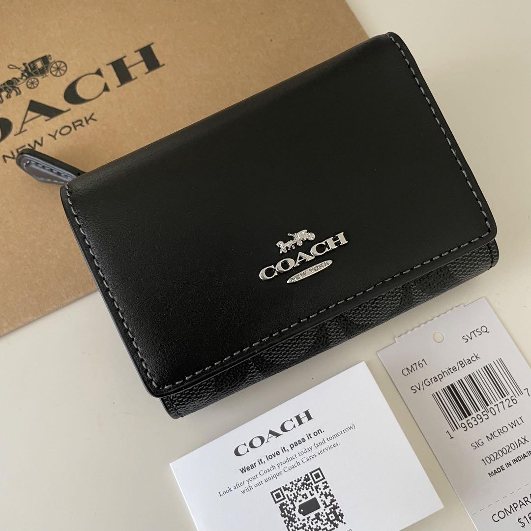 COACH コーチ　三つ折り財布　シグネチャー ブラック　黒色　ミニウォレット