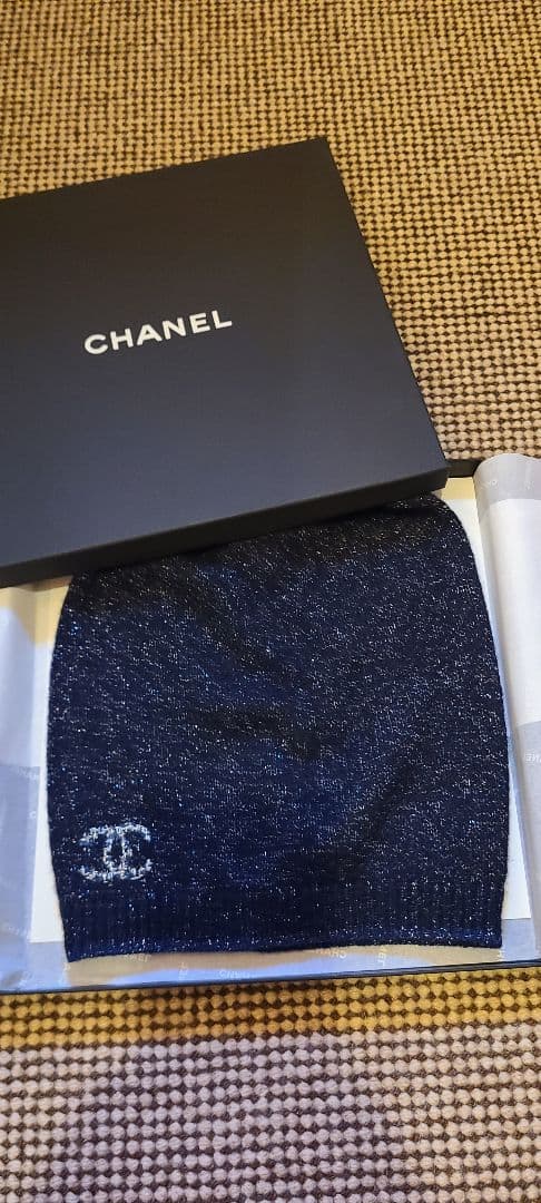 CHANELネイビー ニット帽子 カシミア入り