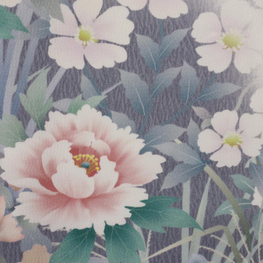 《長尺■訪問着◆賑わいの花々彩りの流線■グレー◆袷正絹着物◆HH3-10》