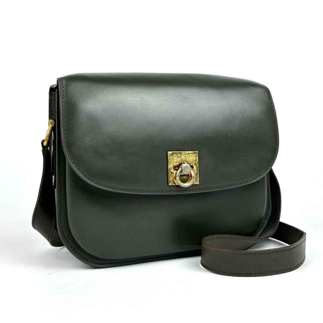 美品■セリーヌ ガンチーニ ショルダーバッグ クロスボディ カーフレザー カーキ