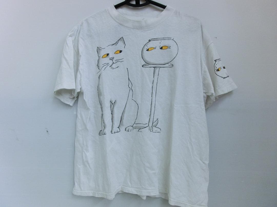 M875★【古着】 USA製★STUDIO Q★猫と金魚鉢★半袖Tシャツ★白★L