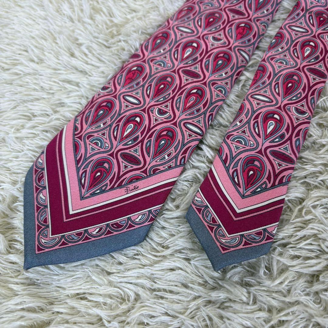 エミリオプッチ　ネクタイ　シルク　イタリア製　ピンク　ロゴ　ジオメトリック　総柄