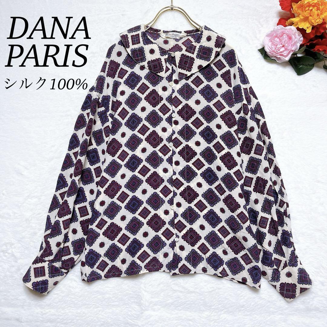 高級DANA PARIS（M）イートンカラー総柄シャツ/シルク絹100%/長袖