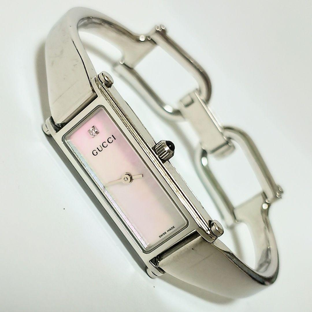 GUCCI 1500L 1Pダイヤ バングル腕時計 ピンクシェル文字盤