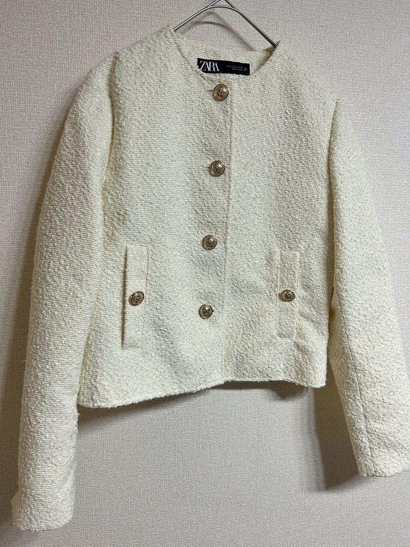 【未使用】ZARA ザラ　ノーカラージャケット　金ボタン　ツイード　ショート
