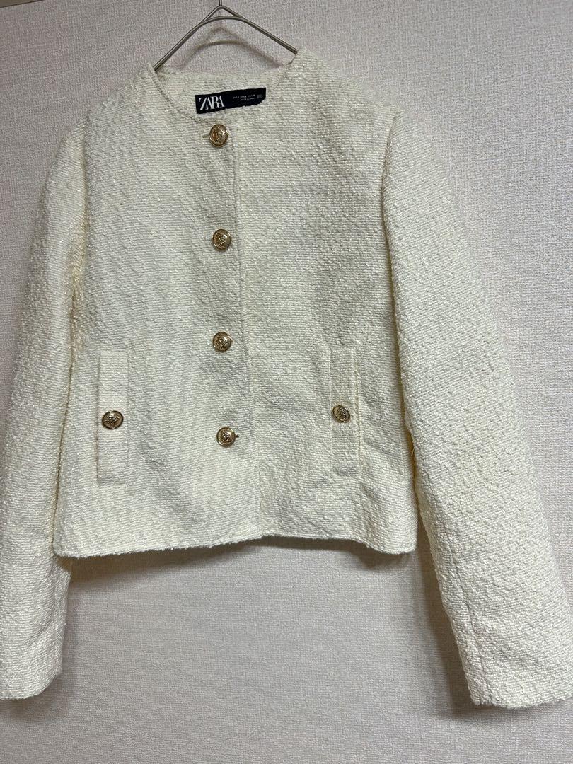 【未使用】ZARA ザラ　ノーカラージャケット　金ボタン　ツイード　ショート