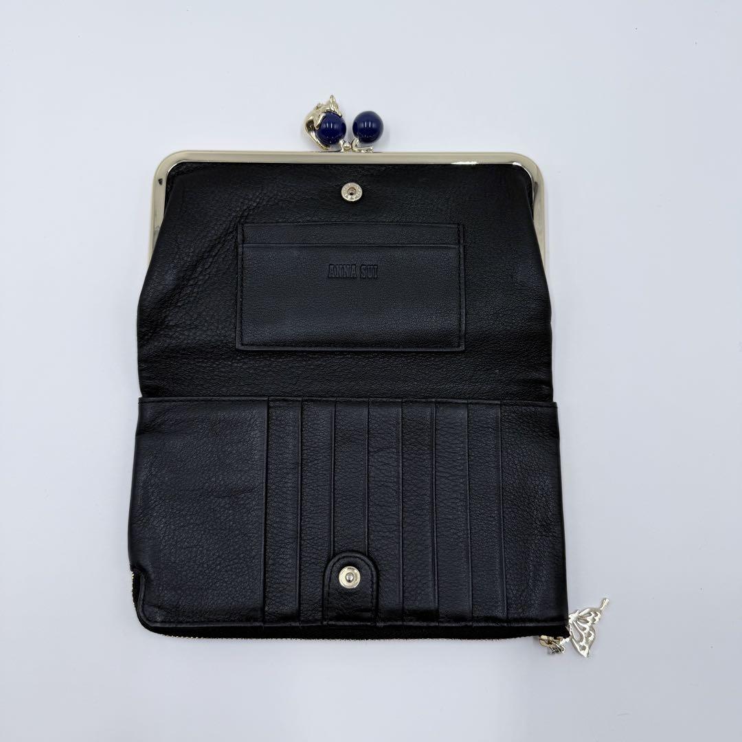 【美品✨】アナスイ 長財布 プレイングキャット 蝶 がま口 型押し レザー 黒