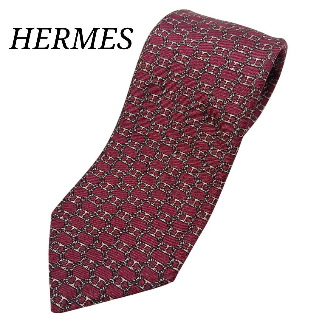 HERMES エルメス 高級シルク ネクタイ バーガンディ柄 ボルドーカラー