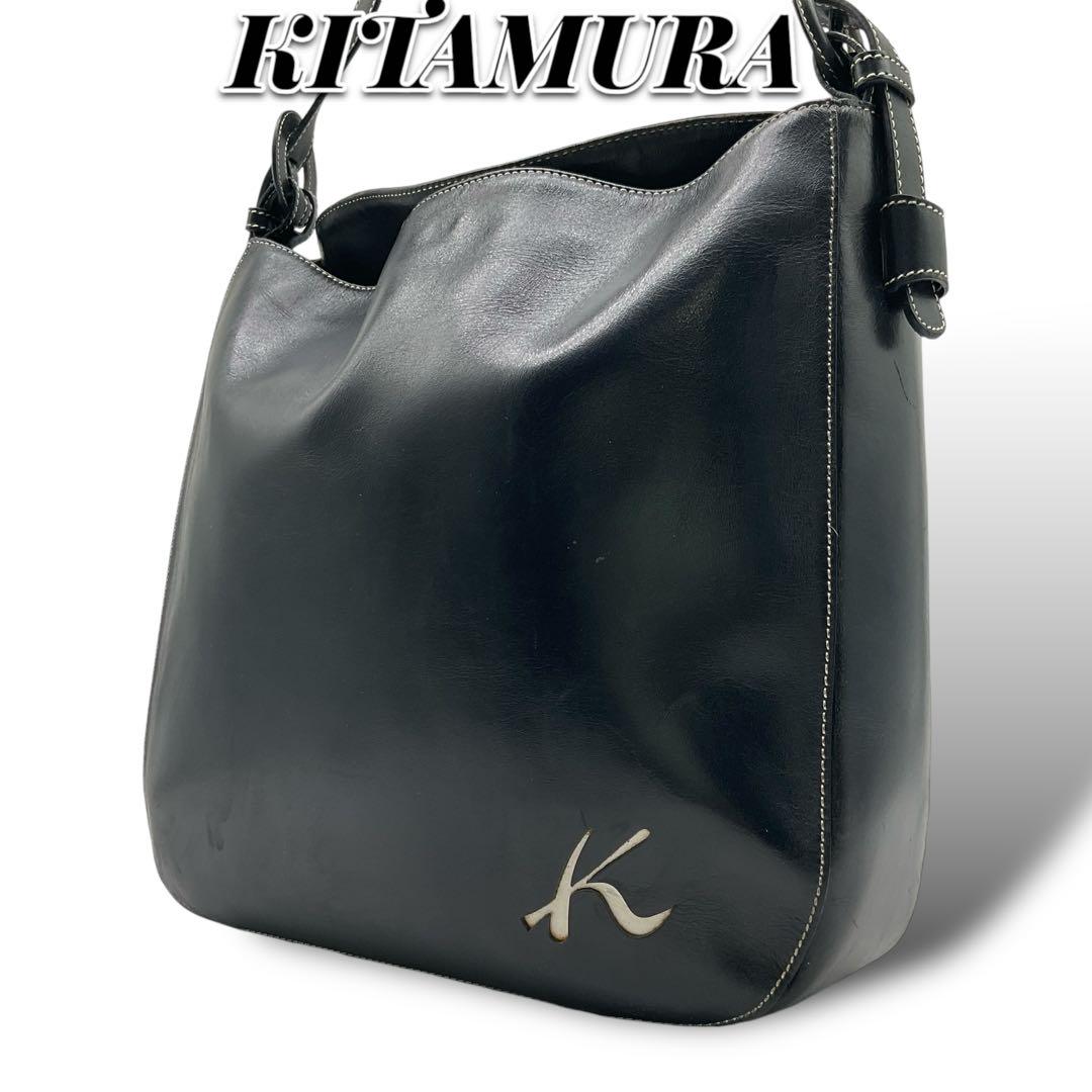 良品 キタムラ ワンショルダーバッグ トートバッグ Kロゴ ネイビー レザー