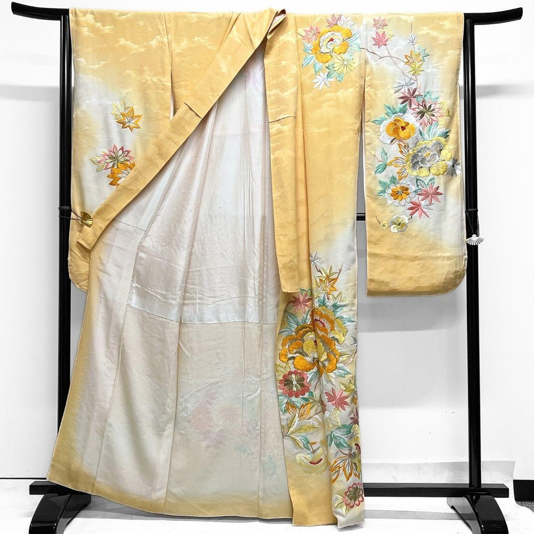 金駒刺繍　金彩　観世水　橘　牡丹　振袖　着物　101a p 訪問着 金駒刺繍 菊 橘 梅 金彩 桐の花 松 桜吹雪 着物 023a d