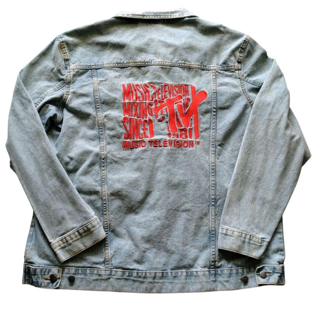 3XL ヴィンテージ 80s MTV デニムジャケット 企業ロゴ 刺繍 ワッペン