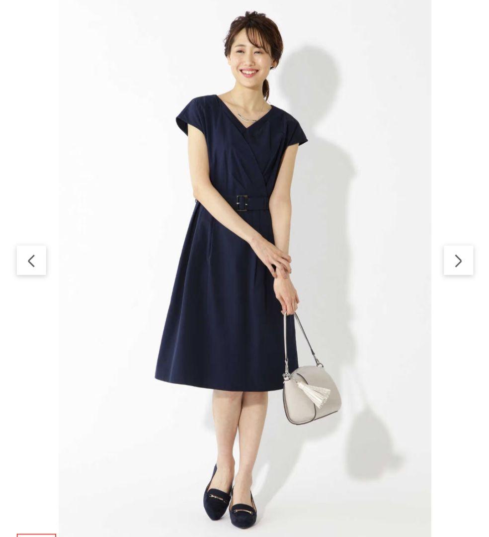 【１回着用／美品】ワンピース 膝丈 カシュクール ネイビー 紺 洗える ベルト 1回着用／美品】ワンピース 膝丈 カシュクール ネイビー 紺