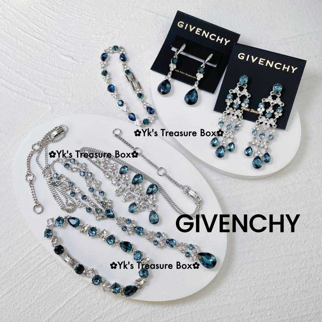 W208/GIVENCHY/シルバーx紺青色/雫クリスタルピアス
